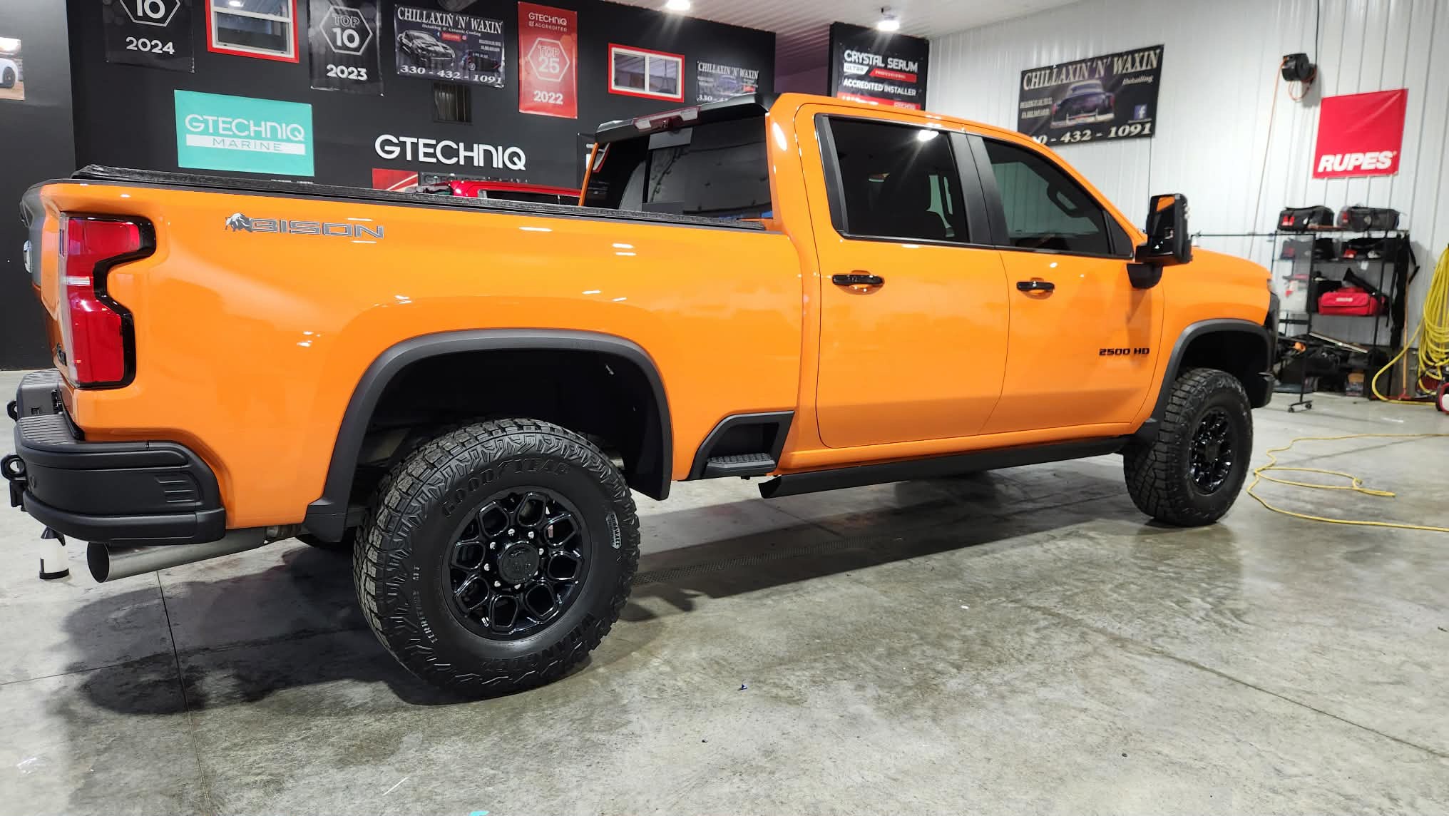 Orange Chevrolet Silverado ZR2 Bison after a hand wash